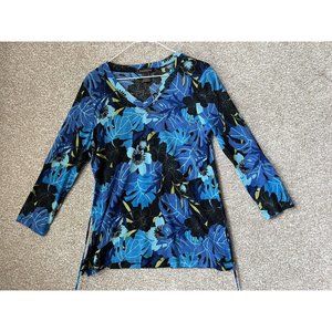 Francesca Rose Women’s Blue Floral Long Sleeve Tie Waist Blouse Shirt Size Large